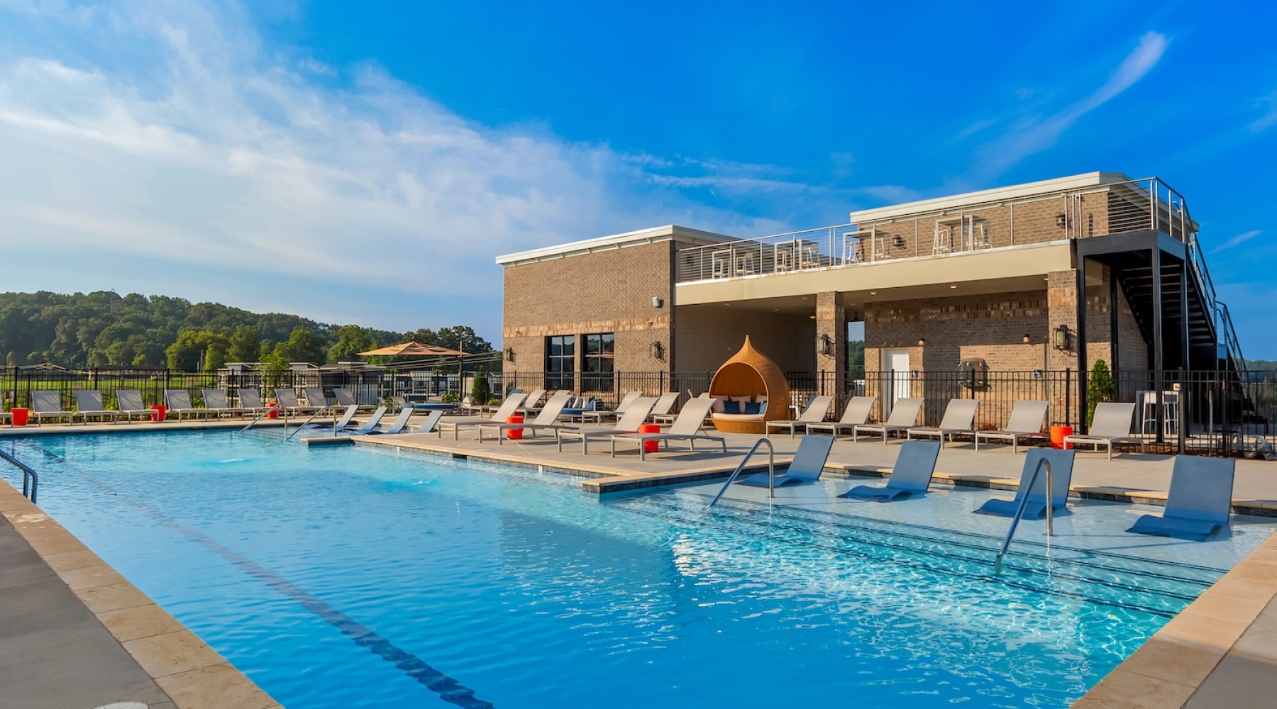 a swimming pool outside a building