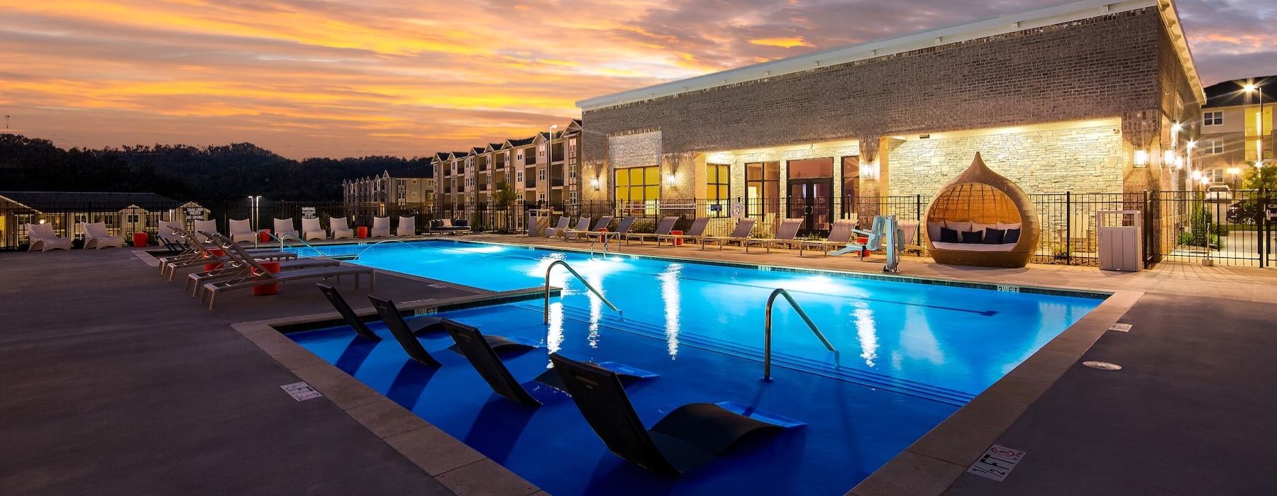 a swimming pool outside a building